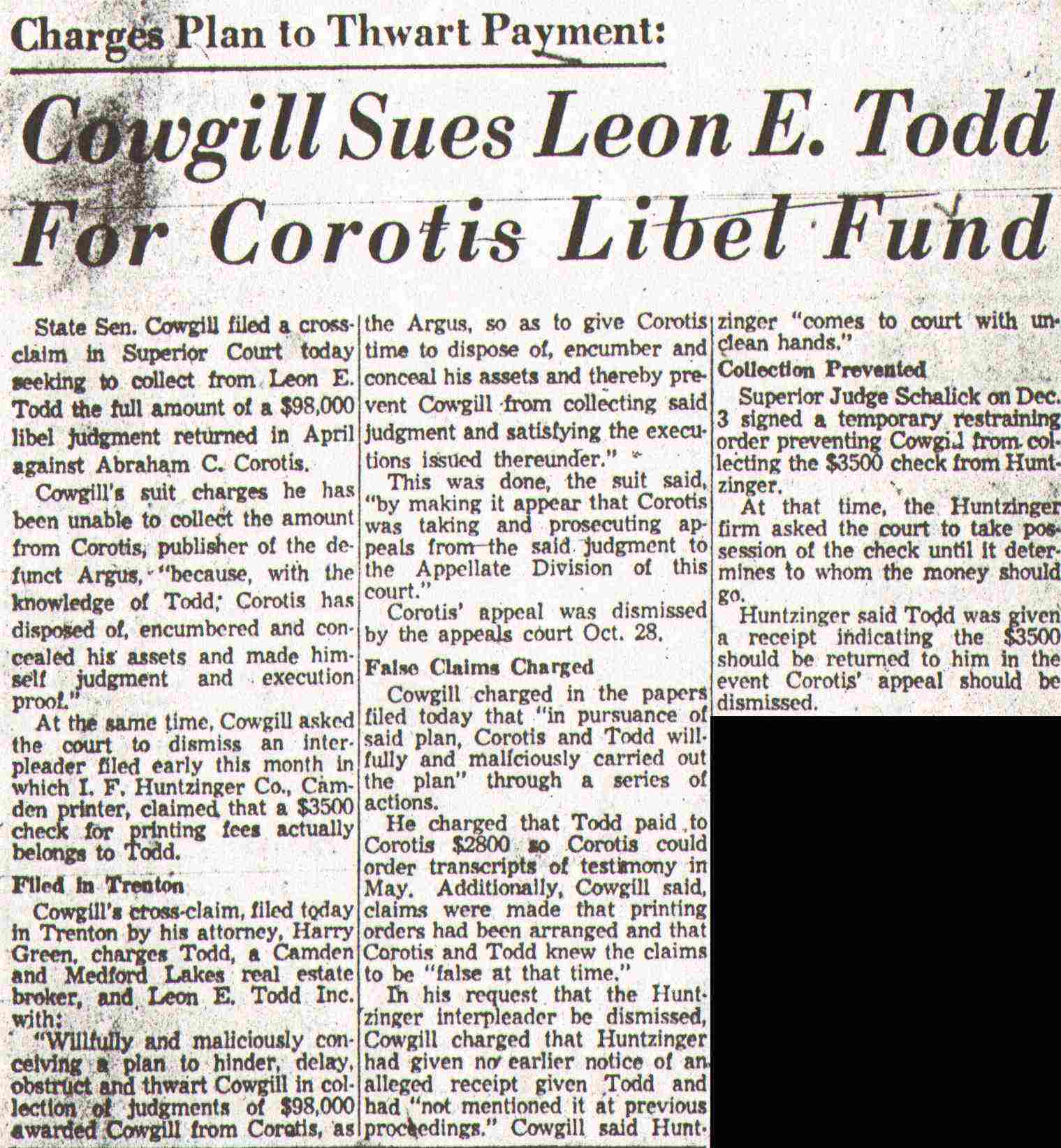 Cowgill Sues Leon E Todd for Corotis Libel Fund