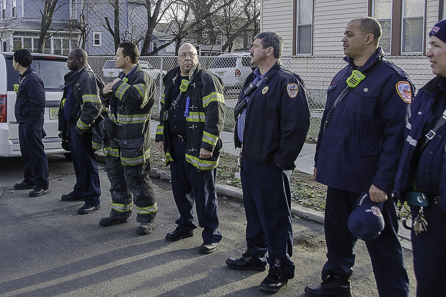 Greg Guzman, Damon Truitt, Captain Frank Bottalico, Greg DePetris, Battalion Chief Sam Balakas, Denis O'Reilly (obscured), Javier Ramos