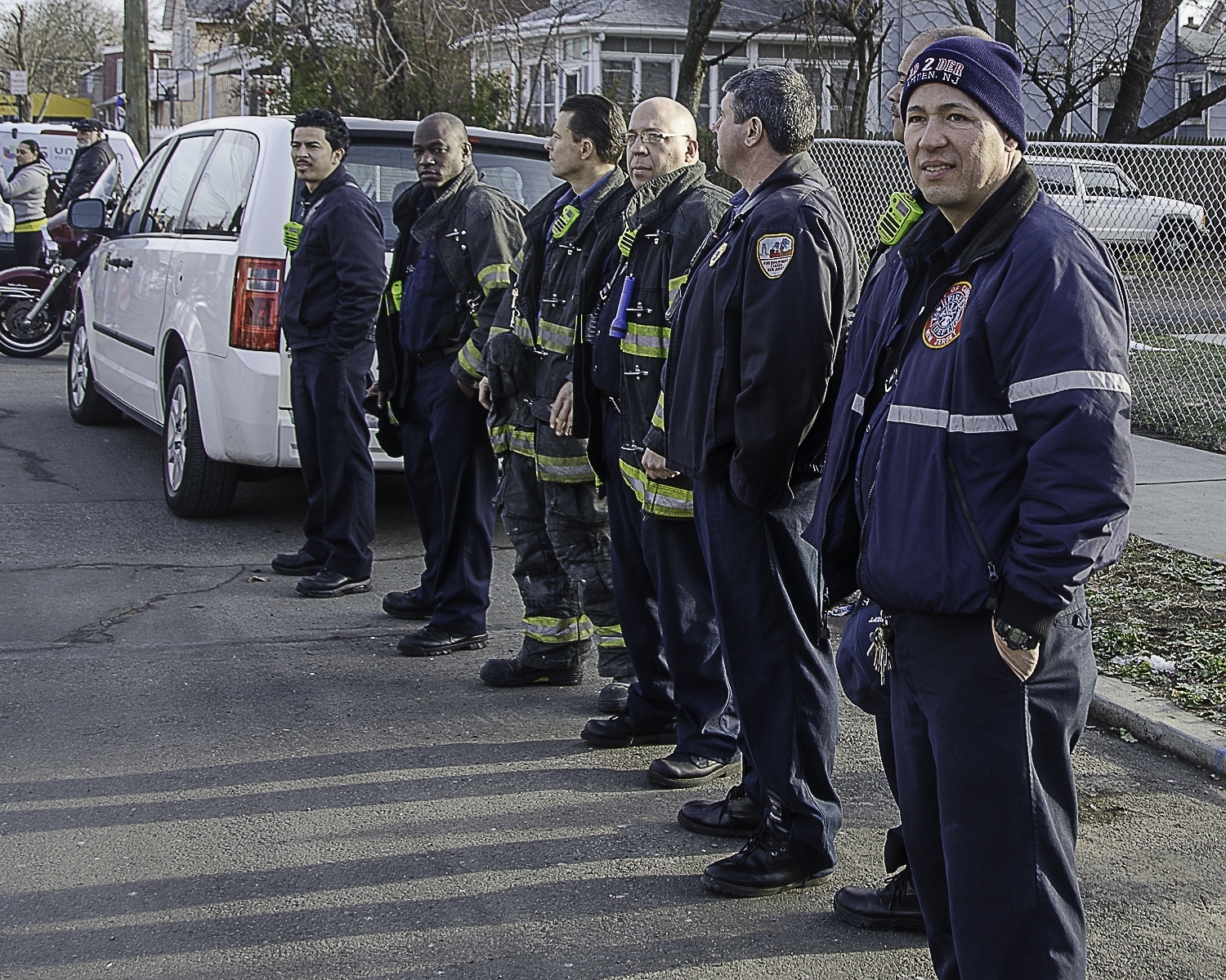 Greg Guzman, Damon Truitt, Captain Frank Bottalico, Greg DePetris, Battalion Chief Sam Balakas, Denis O'Reilly (obscured), Javier Ramos