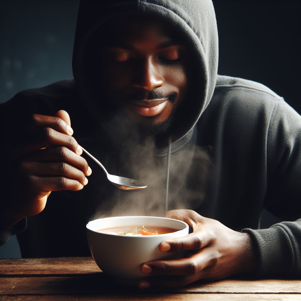 Hungry Man Eating Soup - AI Stock Photo