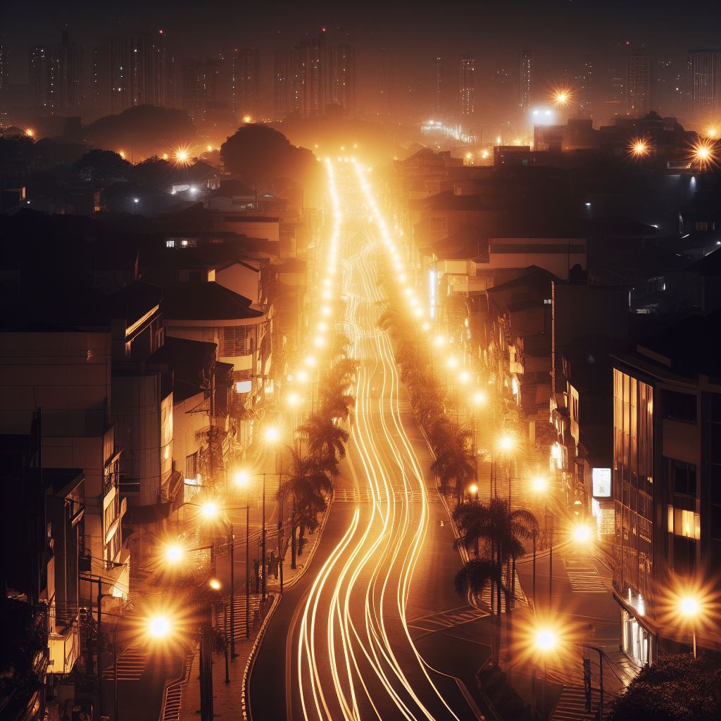 Street with Street Lights - AI Stock Photo