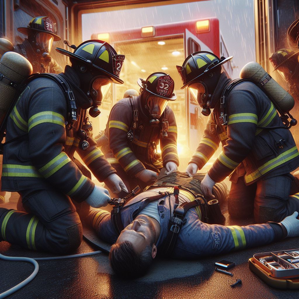 Fireman being tended to - AI Stock Photo