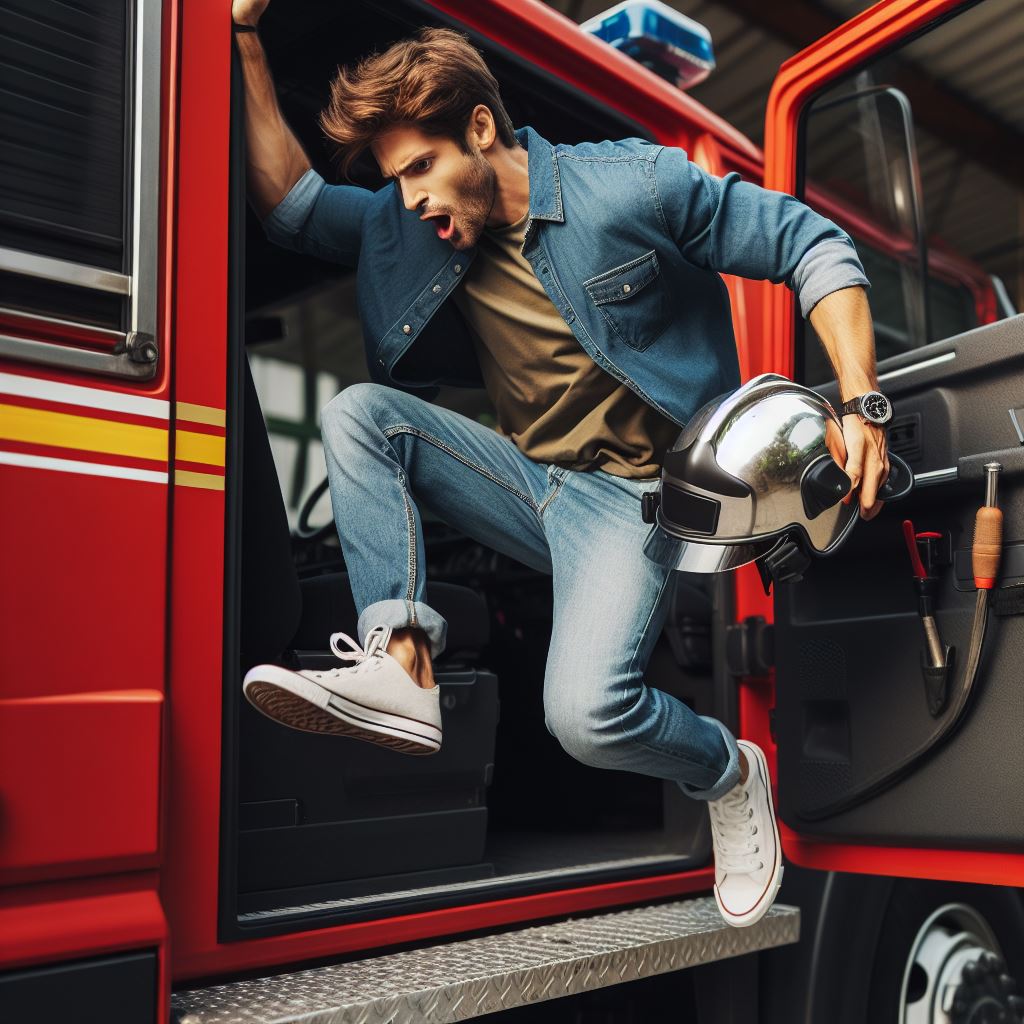 Jumping onto a fire truck - AI Stock Photo