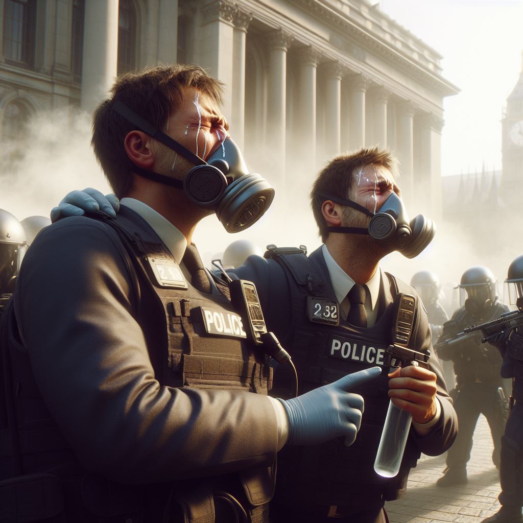Police officers crying due to gas - AI Stock Photo