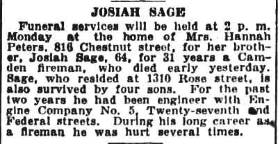 Josiah Sage obituary — Camden Courier-Post, May 9, 1931