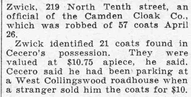 Camden Courier-Post, November 11, 1932 — 21 Stolen Coats Found, continuation