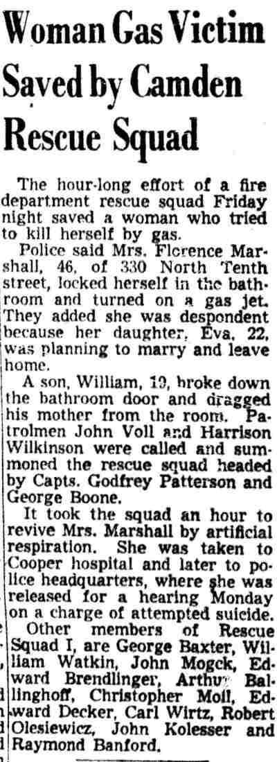 Camden Courier-Post, February 16, 1952 — Woman Gas Victim Saved by Camden Rescue Squad