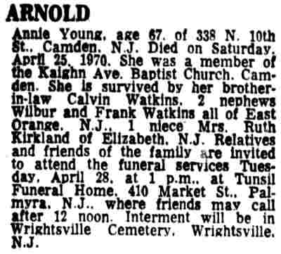 Camden Courier-Post, April 25, 1970 — Annie Young Arnold obituary