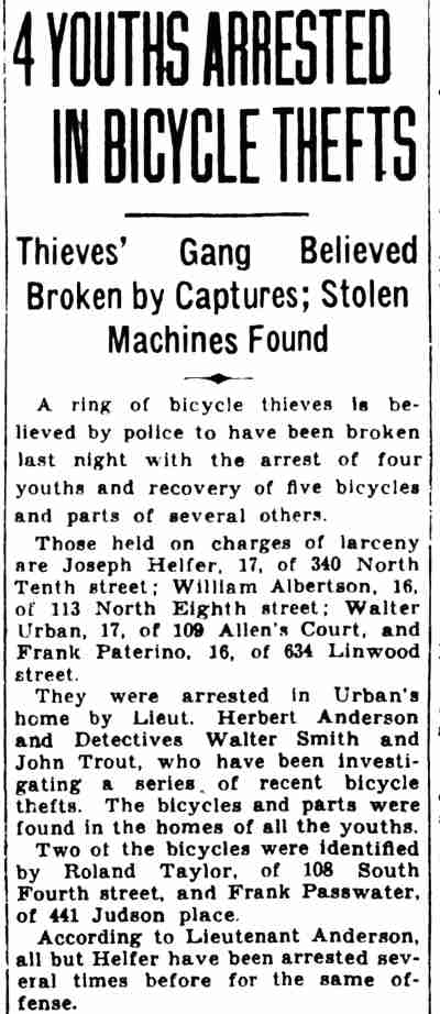 Camden Courier-Post, January 12, 1933 — 4 Youths Arrested in Bicycle Thefts