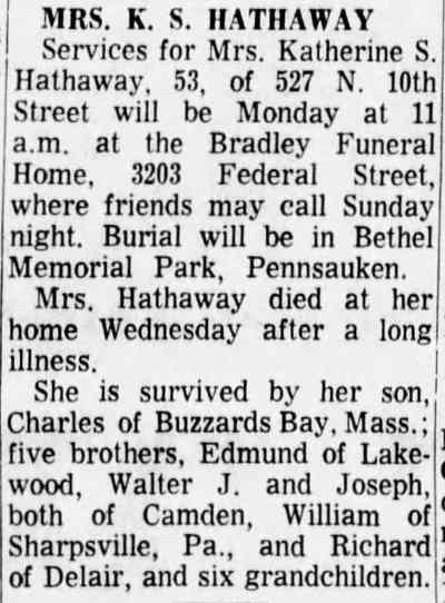 Camden Courier-Post, May 21, 1967 — Services for Mrs. Katherine S. Hathaway