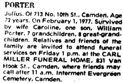 Camden Courier-Post, February 1, 1977 — Julius Porter obituary