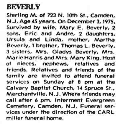 Camden Courier-Post, December 3, 1975 — Sterling M. Beverly obituary