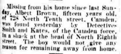 Philadelphia Public Ledger, March 16, 1922 — Albert Brown missing from home