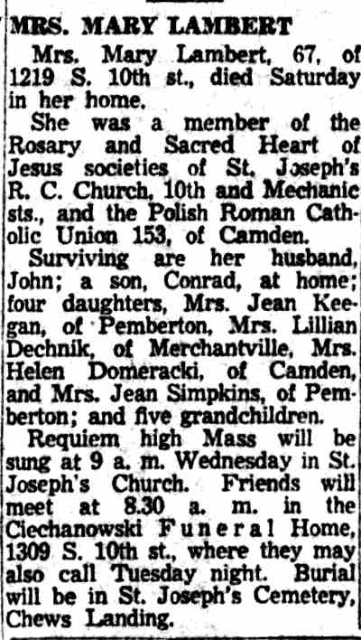 Camden Courier-Post, October 15, 1956 — Mrs. Mary Lambert obituary