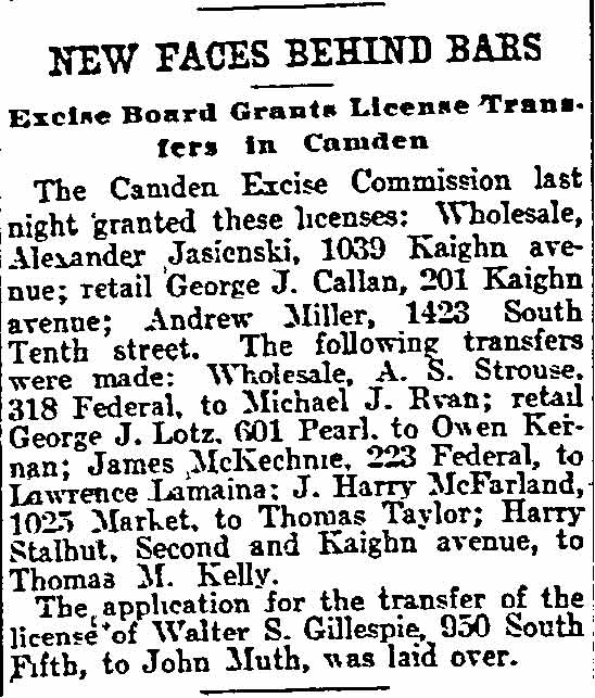 Philadelphia Inquirer, June 7, 1906 — New Faces Behind Bars, Excise Board license transfers