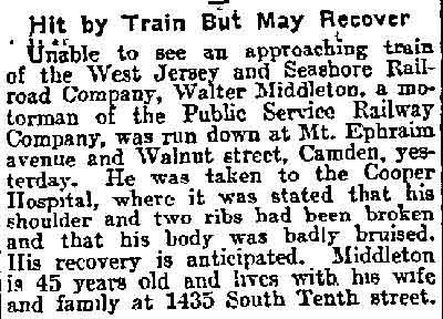Philadelphia Inquirer, February 27, 1912 — Walter Middleton hit by train
