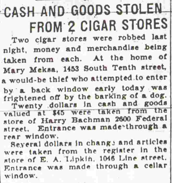 Camden Courier-Post, May 6, 1930 — Cash and Goods Stolen from 2 Cigar Stores