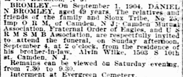 Philadelphia Inquirer, September 2, 1904 — Daniel N. Bromley obituary
