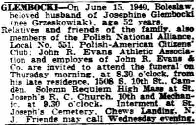 Camden Courier-Post, June 15, 1940 — Boleslaw Glembocki obituary