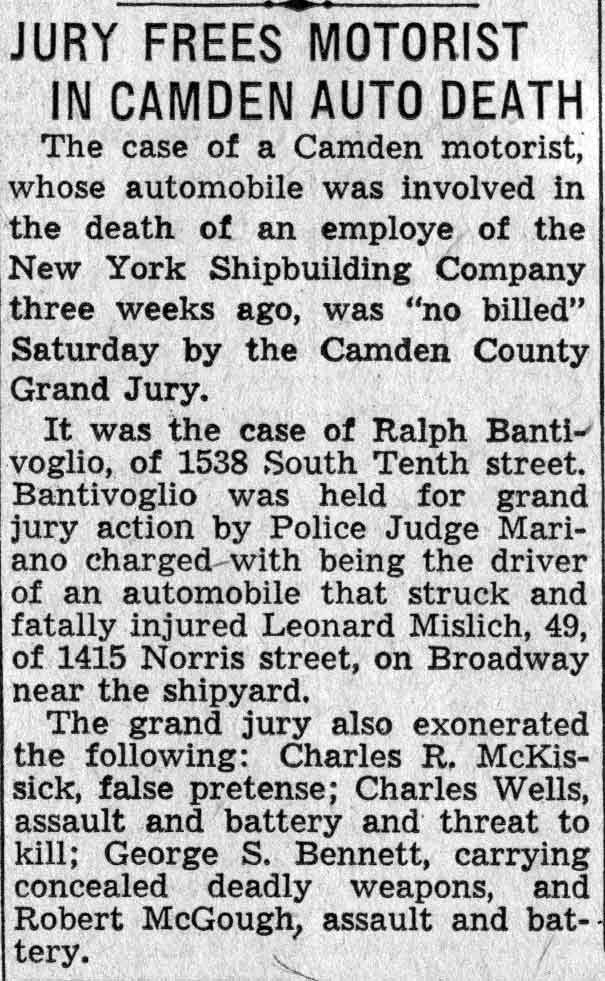 Camden Courier-Post, February 21, 1938 — Jury Frees Motorist in Camden Auto Death