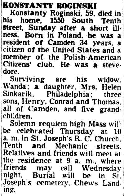 Camden Courier-Post, December 20, 1949 — Konstanty Roginski obituary