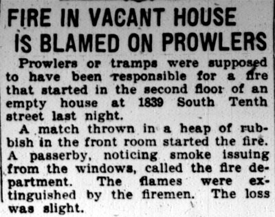 Camden Courier-Post, January 1928 — Fire in Vacant House at 1839 South Tenth Street