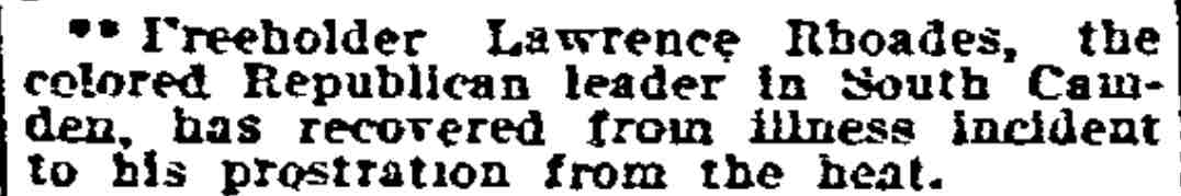 Philadelphia Inquirer, April 28, 1906 — Freeholder Lawrence Rhoades recovering