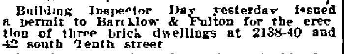 Philadelphia Inquirer, March 28, 1913 — Building permit for 2138–2142 South 10th Street