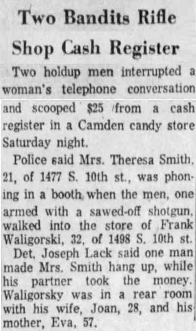 Camden Courier-Post, April 23, 1962 — Two Bandits Rifle Shop Cash Register
