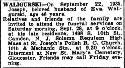 Camden Courier-Post, September 22, 1935 — Waligurski death notice
