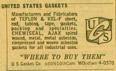 United States Gaskets advertisement, New Jersey Bulletin, 1955