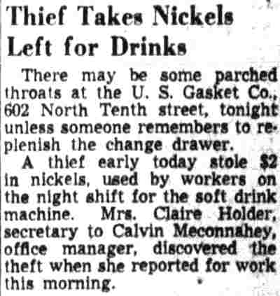 Camden Courier-Post, April 13, 1948 — Thief Takes Nickels Left for Drinks
