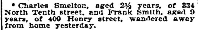 Philadelphia Inquirer, May 1, 1896 — children wander from home at 334 North Tenth Street
