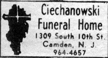 Ciechanowski Funeral Home advertisement, New Jersey Bulletin, November 1976