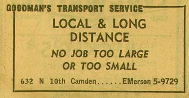 Goodman's Transport Service, 632 N. 10th Camden, New Jersey Bulletin, 1955