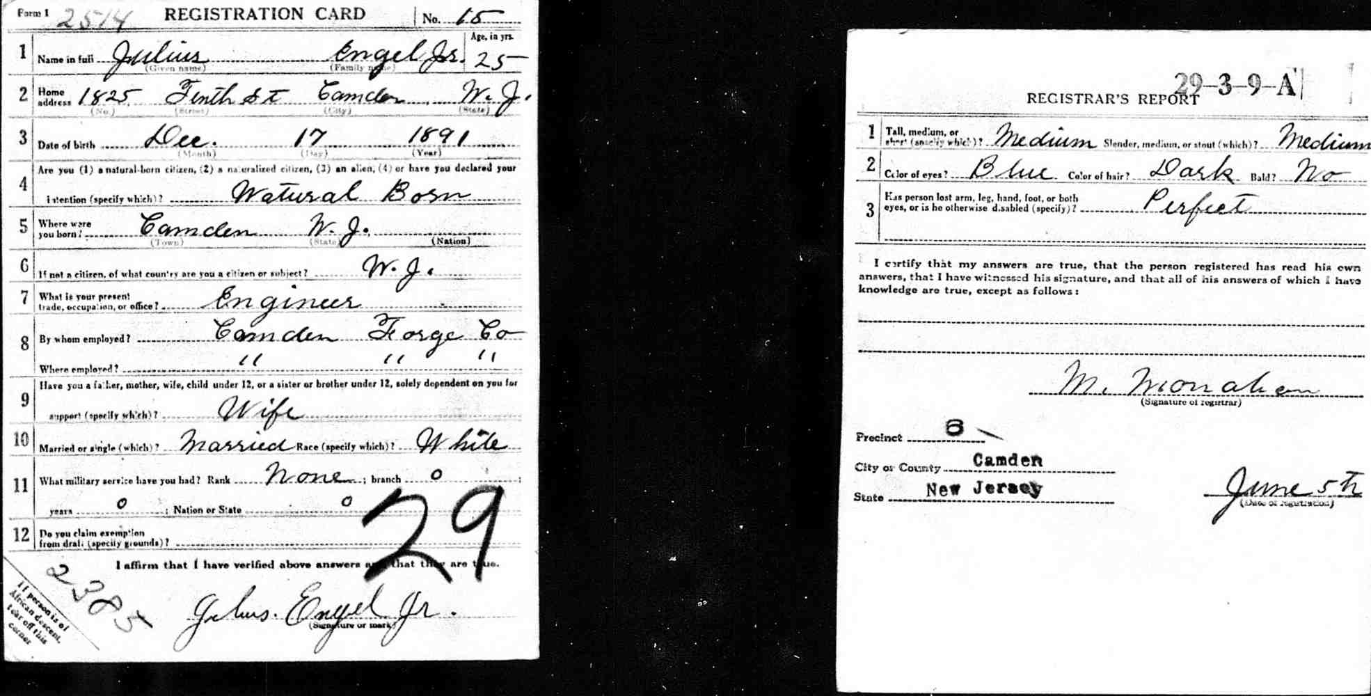World War I Draft Registration Card for Julius Engel Jr., 1825 10th Street, Camden, N.J.