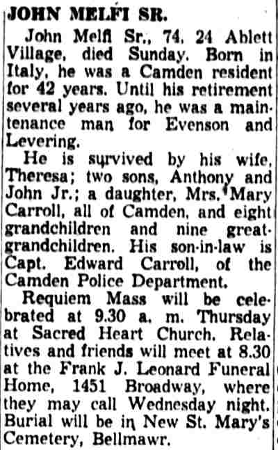 Camden Courier-Post, December 11, 1956 — John Melfi Sr. obituary, 24 Ablett Village