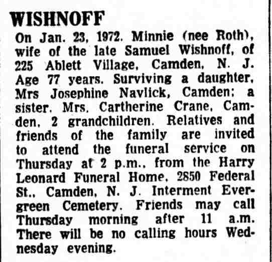 Camden Courier-Post, January 25, 1972 — Minnie Roth Wishnoff death notice, 225 Ablett Village