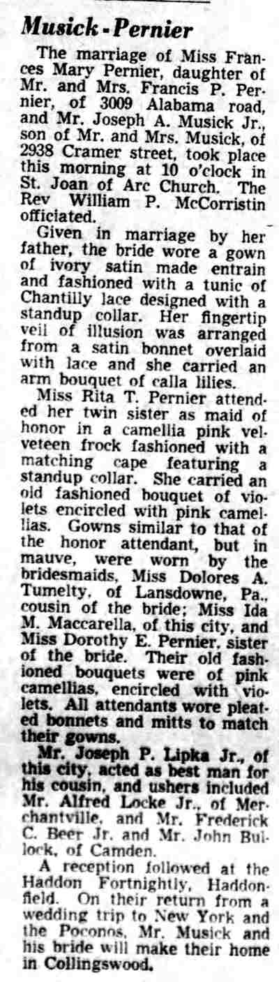 Musick-Pernier wedding — Frances Mary Pernier, 3009 Alabama Road — Camden Courier-Post, January 27, 1951