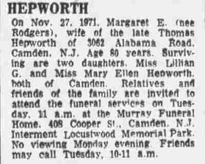 Obituary of Margaret E. Hepworth, 3062 Alabama Road — Camden Courier-Post, November 29, 1971