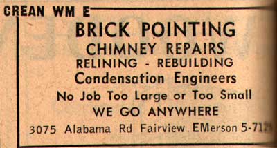 William E. Crean, Brick Pointing, 3075 Alabama Road Fairview — New Jersey Bell Yellow Pages, 1955