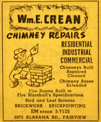 William E. Crean, Chimney Repairs, 3075 Alabama Road Fairview — New Jersey Bell Yellow Pages, 1955