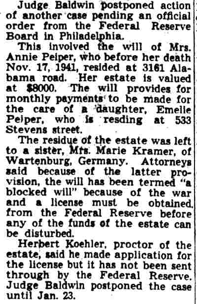 Will of Mrs. Annie Peiper, 3161 Alabama Road — Camden Courier-Post, January 10, 1942