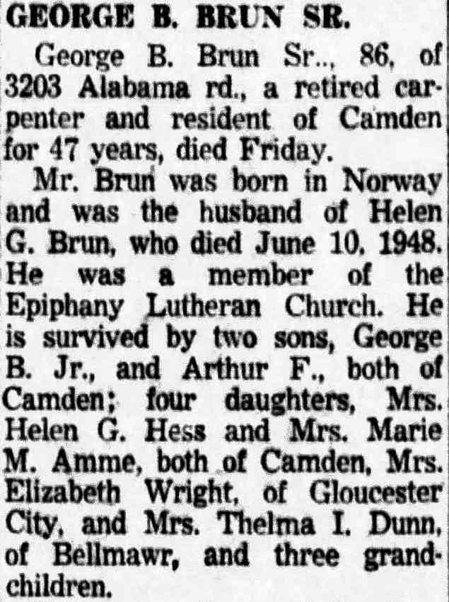 Obituary of George B. Brun Sr., 3203 Alabama Road — Camden Courier-Post, May 29, 1954