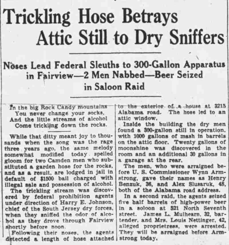 Trickling Hose Betrays Attic Still to Dry Sniffers — Harry Benzuk, 3215 Alabama Road — Camden Courier-Post, November 12, 1931
