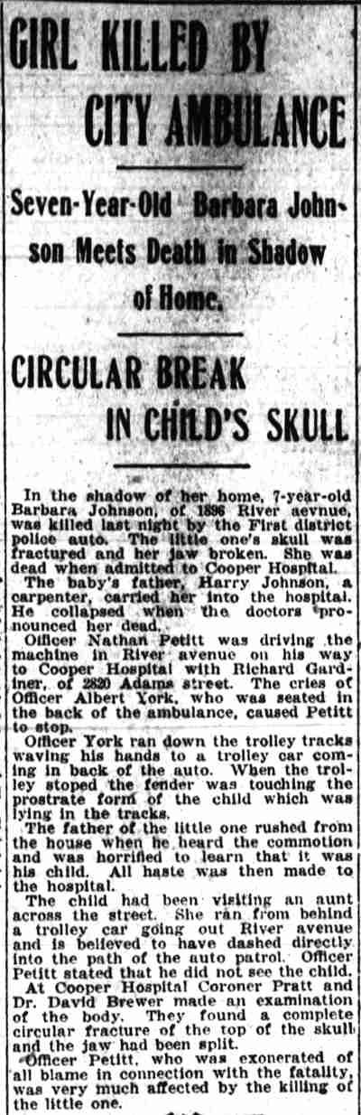 Girl Killed by City Ambulance — Camden Post-Telegram, February 22, 1919