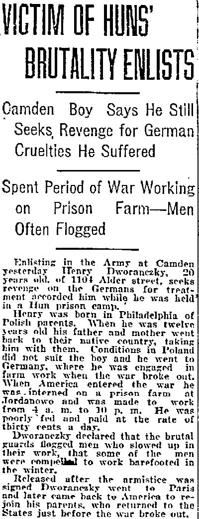 Victim of Huns' Brutality Enlists — Henry Dworanczky, 1104 Alder Street, Philadelphia Inquirer, June 22, 1919