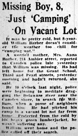 Missing Boy, 8, Just 'Camping' On Vacant Lot — Mrs. Anna Barber, 214 Ambler Street, Camden Courier-Post, January 27, 1928