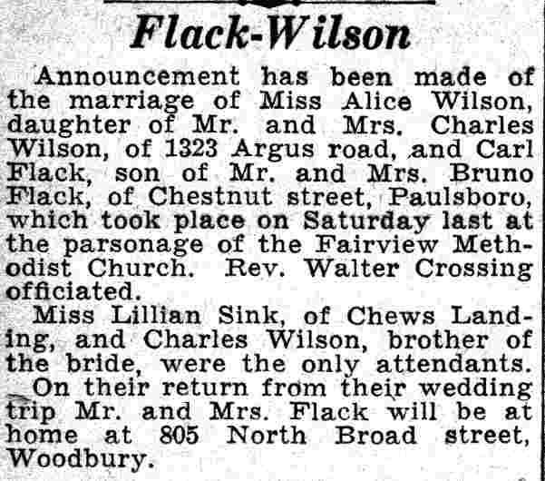 Flack-Wilson marriage announcement — Alice Wilson, 1323 Argus Road, Camden Courier-Post, June 15, 1932