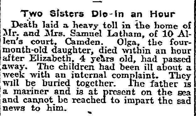 Two Sisters Die in an Hour — Samuel Latham, 110 Allen's Court, Camden Courier-Post, January 31, 1917